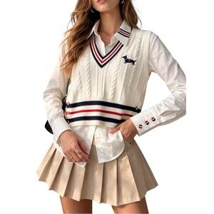 Ming Fei 2PC Preppy Knit Vest & Button-Up Set NWT